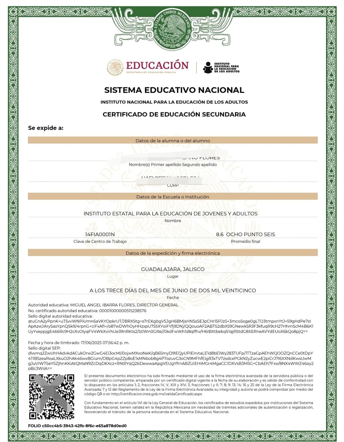 Ejemplo de Certificado de Educación Secundaria emitido por el INEA con validez oficial SEP (México)